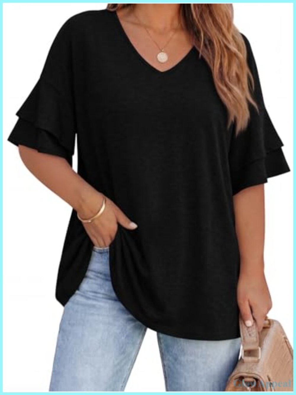 Plus Size V-Neck Ruffle Sleeve Blouse Loose Fit Knit Top
